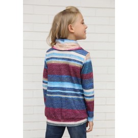 Blue Cowl Neck Girl's Striped Sweatshirt