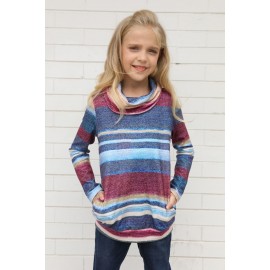 Blue Cowl Neck Girl's Striped Sweatshirt