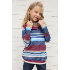 Blue Cowl Neck Girl's Striped Sweatshirt