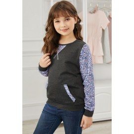 Gray Leopard Raglan Sleeve Patchwork Little Girl Sweatshirt