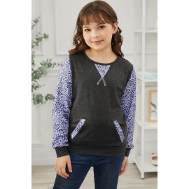Gray Leopard Raglan Sleeve Patchwork Little Girl Sweatshirt