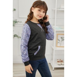 Gray Leopard Raglan Sleeve Patchwork Little Girl Sweatshirt