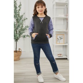 Gray Leopard Raglan Sleeve Patchwork Little Girl Sweatshirt