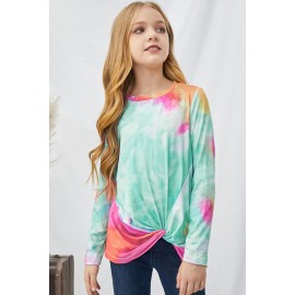 Green Tie Dyed Twist Knot Girl's Long Sleeve Top