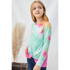Green Tie Dyed Twist Knot Girl's Long Sleeve Top