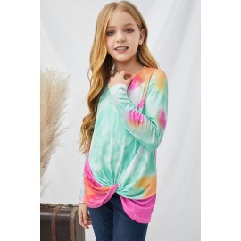 Green Tie Dyed Twist Knot Girl's Long Sleeve Top