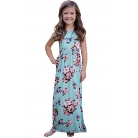 Light Blue Floral Print Sleeveless Little Girl Maxi Dress