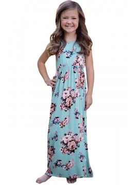 Light Blue Floral Print Sleeveless Little Girl Maxi Dress