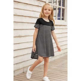 Black Colorblock Patchwork Striped Girls' Dress