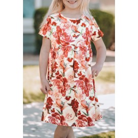 Crewneck Short Sleeve Floral Girl's Midi Dress