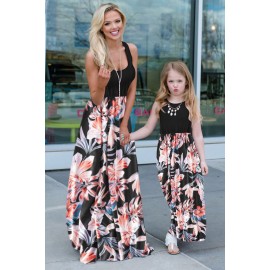 Black Mom and Daughter Matching Sleeveless Floral Print Kid's Maxi Dress