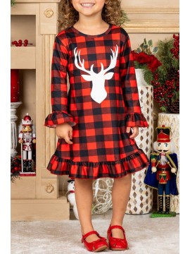 Girls Plaid Reindeer Graphic Ruffled Dress