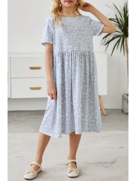 Gray Girl's Leopard Print Crew Neck High Waist Midi Dress