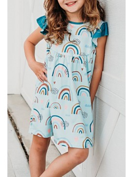 Sky Blue Graphic Print Ruffled Cap Sleeve Girl's Mini Dress