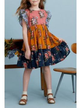 Multicolor Little Girl Colorblock Floral Print Ruffles Pleated Midi Dress