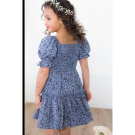 Blue Little Girl Puff Sleeve Leopard Print Empire Dress