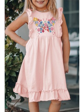 Pink Floral Butterfly Print Ruffled Sleeveless Girl's Mini Dress