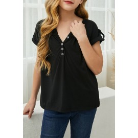 Black Roll up Short Sleeve Girls' Top with Buttons