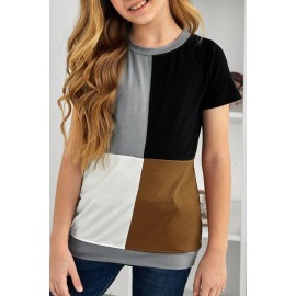 Brown Round Neck Color Block Little Girl T-shirt