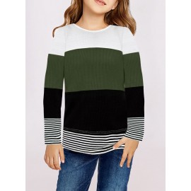 Green Colorblock Pullover Little Girl Long Sleeve Top