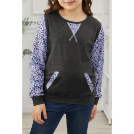 Gray Leopard Raglan Sleeve Patchwork Little Girl Sweatshirt