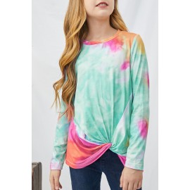 Green Tie Dyed Twist Knot Girl's Long Sleeve Top